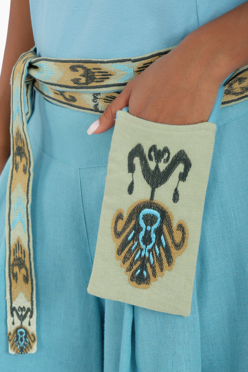 Embroidered linen belt with pocket